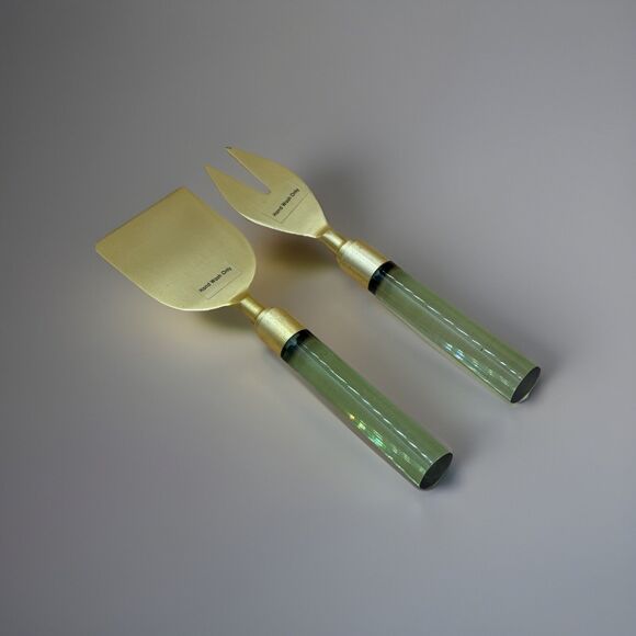 Mid-Century Modern Brass Cheese Server Set With Light Green Lucite Handles - Picture 2 of 4